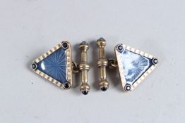 A PAIR OF RUSSIAN BLUE ENAMEL TRIANGULAR CUFFLINKS.