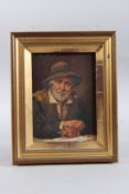 VAN HAGEN. Portrait of a gentleman leaning on a table, reading a paper and smoking a pipe. Oil on