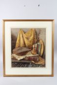 FRANK J. ROWHILL. Still life of a musical instrument, jug, books and other items. Watercolour,
