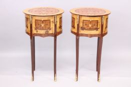 A PAIR OF LOUIS XVITH STYLE OVAL THREE DRAWER BEDSIDE TABLES on slender legs. 1ft 3ins wide x 2ft