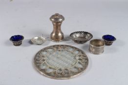 A BOX OF VARIOUS SILVER ITEMS, a silver and glass stand, a pair of circular salts, a serviette ring,