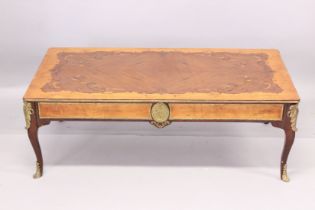 A LOUIS XVITH STYLE RECTANGULAR TOP COFFEE TABLE with inlid top, on four curving legs. 3ft long x