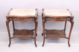 A PAIR OF 1920'S FRENCH SQUARE MARBLE TOP TABLES with curving legs and shaped under-tier. 2ft square