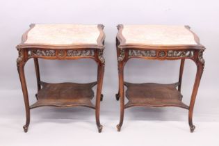 A PAIR OF 1920'S FRENCH SQUARE MARBLE TOP TABLES with curving legs and shaped under-tier. 2ft square