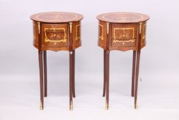 A PAIR OF LOUIS XVITH STYLE OVAL THREE DRAWER BEDSIDE TABLES on slender legs. 1ft 3in wide x 2ft