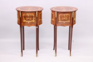 A PAIR OF LOUIS XVITH STYLE OVAL THREE DRAWER BEDSIDE TABLES on slender legs. 1ft 3in wide x 2ft