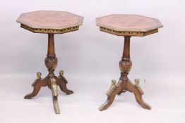 A PAIR OF FRENCH OCTAGONAL TOP MARQUETRY TRIPOD TABLES. 1ft 8ins wide x 2ft 5ins high.