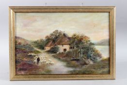 20TH CENTURY ENGLISH SCHOOL. Rural river landscape with shepherd and sheep on a path by cottages.