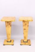 A PAIR OF ART DECO DESIGN BLONDE WOOD SQUARE TOP PEDESTALS. 1ft 3ins square x 2ft 8ins high.