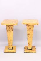 A PAIR OF ART DECO DESIGN BLONDE WOOD SQUARE TOP PEDESTALS. 1ft 3ins square x 2ft 8ins high.
