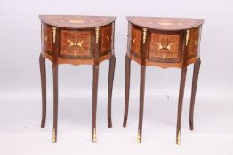 A PAIR OF LOUIS XVITH STYLE HALF-MOON THREE DRAWER BEDSIDE TABLES on slender legs. 1ft 6ins wide x