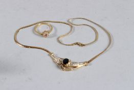 A 14CT GOLD SAPP AND DIAMOND NECKLACE AND DRESS RING. Weight: 8grms gold.