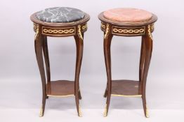 A PAIR OF LOUIS XVITH STYLE CIRCULAR MARBLE TOP TABLES with curving legs and under-tier. 4ft 3ins