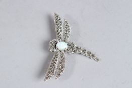 A SILVER, OPAL AND MARCASITE DRAGONFLY BROOCH.