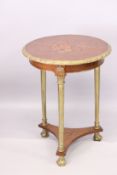 A GOOD 19TH CENTURY MAHOGANY, MARQUETRY AND ORMOLU MOUNTED CIRCULAR GUERIDON, the top with floral