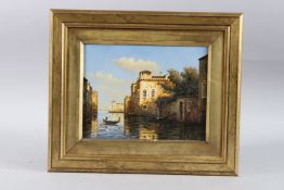 CONTEMPORARY SCHOOL. Venice canal scene with gondola and buildings. Oil on board. 9.5ins x 7ins.