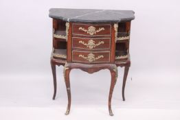 A LOUIS XVITH STYLE THREE DRAWER MARBLE TOP COMMODE on curving legs. 2ft wide x 2t 5ins high.