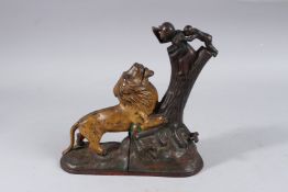 KYSER & REX CO. FRANKFORD, PENNSYLVANIA, CIRCA. 1880. A LION AND TWO MONKEYS, CAST IRON, PAINTED