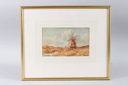 J. RAYMOND. In the Wolds, Lincolnshire, a view of a windmill, country cottages by a bridge.