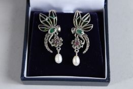 A PAIR OF SILVER, EMERALD, RUBY AND PEARL DRAGONFLY EARRINGS.