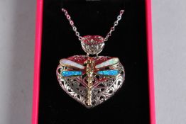A SILVER AND OPAL DRAGONFLY HEART NECKLACE.