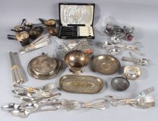 BRANDY POTS, sundry cutlery, bowl, various dishes, tea knives.