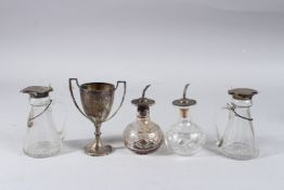 A PAIR OF WHISKY TOTS, a pair of scent bottles and a miniature chalice cup (5).