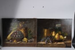 E. DURAND. A pair of still life oils. A copper pan and jam jar and fruit and vegetables on a