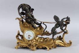 A VERY GOOD 19TH CENTURY FRENCH ORMOLU AND BRONZE CLOCK with drum movement and bronze cupid in a