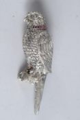 A SILVER PLATED RUBY COLLAR PARROT PERFUME BOTTLE.