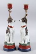 A PAIR OF SEATED DOG CANDLESTICKS with gilt metal sconces. 13.5ins high.