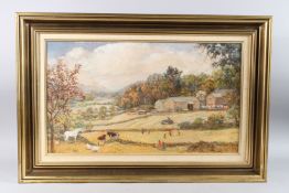 20TH CENTURY ENGLISH SCHOOL. Rural landscape with farm building and figures. Oil on board. 13.5ins x