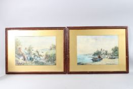 JOSEPH HUGHES CLAYTON (BRITISH 1870-1930). Fishing boats in a harbour, with figures at cottages.