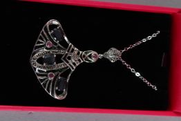 A SILVER, SAPPHIRE AND RUBY PLIQUE ENAMEL NECKLACE.
