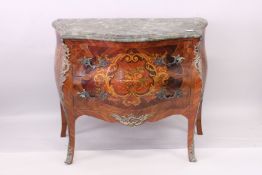 A LOUIS XVITH STYL MARBLE TOP FRENCH BOMBE TWO DRAWER COMMODE with gilt mounts. 3ft 4ins wide x