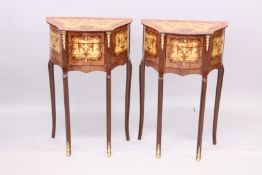 A PAIR OF LOUIS XVITH STYLE SHAPED TOP THREE DRAWER BEDSIDE TABLES on slender legs. 1ft 6ins wide