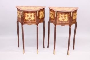 A PAIR OF LOUIS XVITH STYLE SHAPED TOP THREE DRAWER BEDSIDE TABLES on slender legs. 1ft 6ins wide