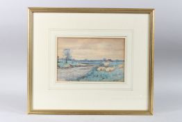 J. M. MACINTOSH (BRITISH 1847-1913). Rural river landscape with sheep, a cottage in the distance.