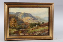 20TH CENTURY ENGLISH SCHOOL. Mountainous landscape with cattle, stone bridge and cottages. Oil on