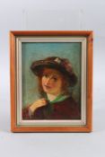 19TH CENTURY ENGLISH SCHOOL. Bust length portrait of a young lady wearing a hat and red cloak. Oil