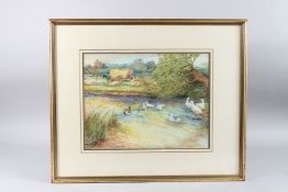 RURAL LANDSCAPE, Ducks on a river with figures gathering hay. Watercolour, signed. 11.25ins x