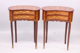 A PAIR OF LOUIS XVITH STYLE KIDNEY SHAPED TWO DRAWER BEDSIDE TABLES. 1ft 10ins wide x 2ft 6ins