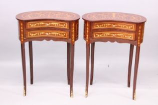 A PAIR OF LOUIS XVITH STYLE KIDNEY SHAPED TWO DRAWER BEDSIDE TABLES. 1ft 10ins wide x 2ft 6ins