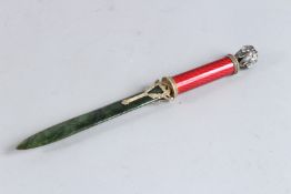 A SUPERB RUSSIAN SILVER, PINK ENAMEL AND AGATE BEADS PAPER KNIFE with elephant handle. 9ins long.