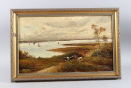 19TH CENTURY ENGLISH SCHOOL. Coastal landscape with a figure droving cattle on a path. Oil on