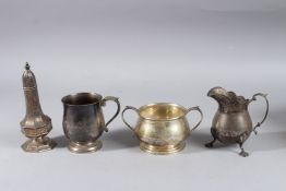 A SILVER CREAM JUG, HALF PINT TANKARD, SUGAR BOWL AND PEPPERETTE, various dates. Weight: 24ozs.