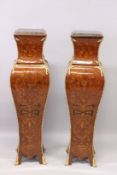 A GOOD PAIR OF LOUIS XVITH MARQUETRY SHAPED MARBLE TOP PEDESTALS with square tops and ormolu mounts.