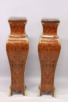 A GOOD PAIR OF LOUIS XVITH MARQUETRY SHAPED MARBLE TOP PEDESTALS with square tops and ormolu mounts.