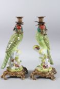 A GOOD PAIR OF GREEN PORCELAIN PARROT WALL SCONCES with gilt metal sconces. 14ins high.