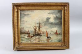 CONTINENTAL SCHOOL. Busy harbour scene with sailing ships and a steam launch. Oil on board. 9ins x